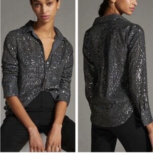 Anthropologie Gray Sequin Collared Button-Down Top M